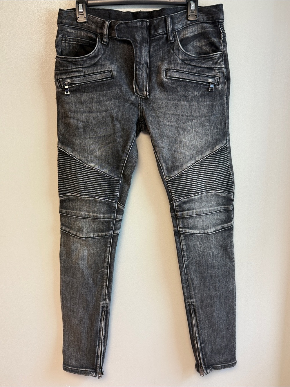 MNML Men’s Black Washed Moto Biker Jeans Size 33 x 32 Skinny Zipper Ankle